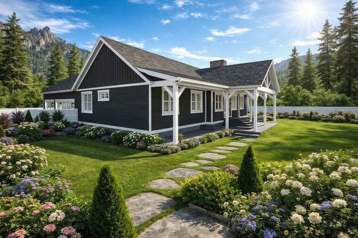 Modern Farmhouse house plan exterior: One story, dark siding, white trim, front-facing gable, and covered porch with columns.