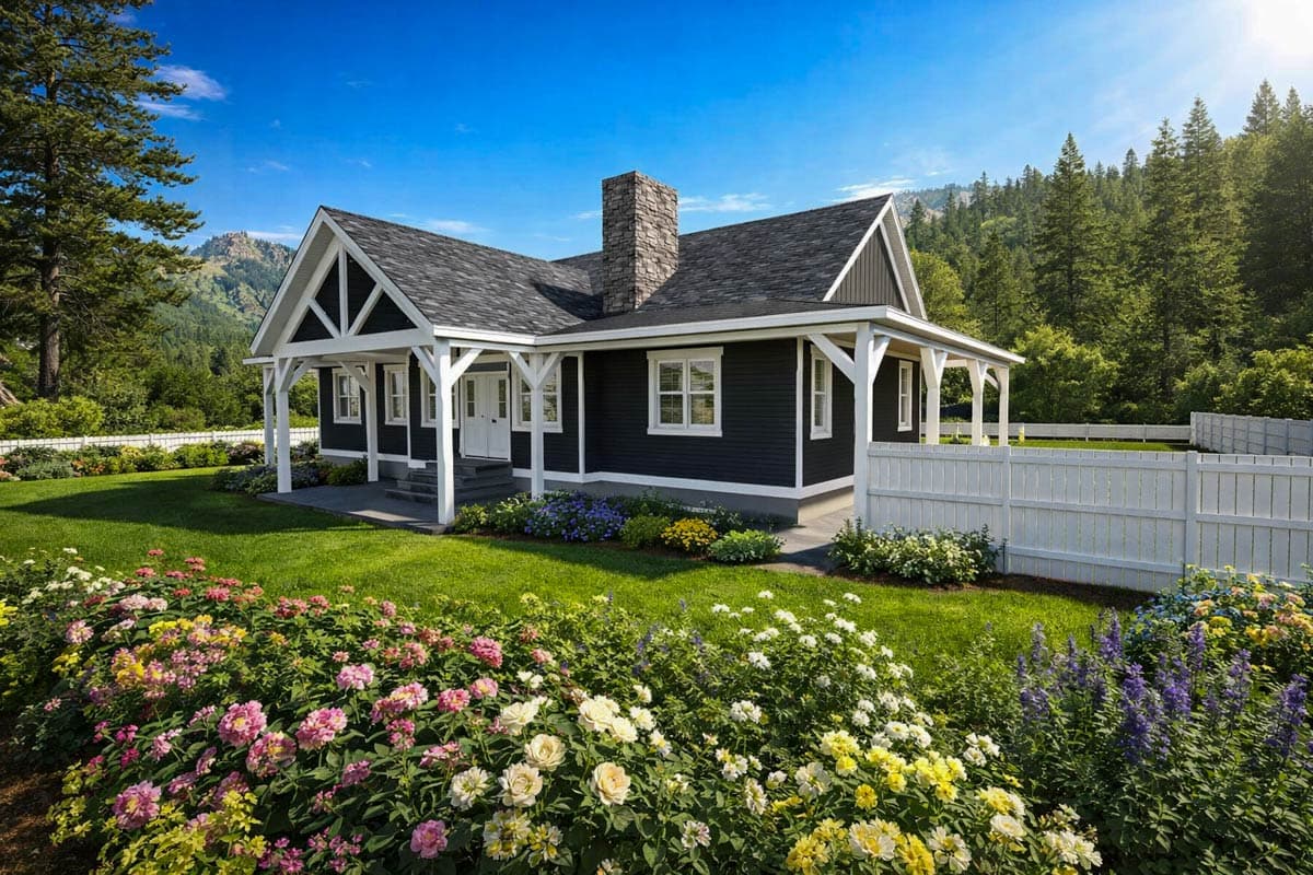 Craftsman style house plan exterior. Single story with wraparound porch, stone chimney, and prominent gables.