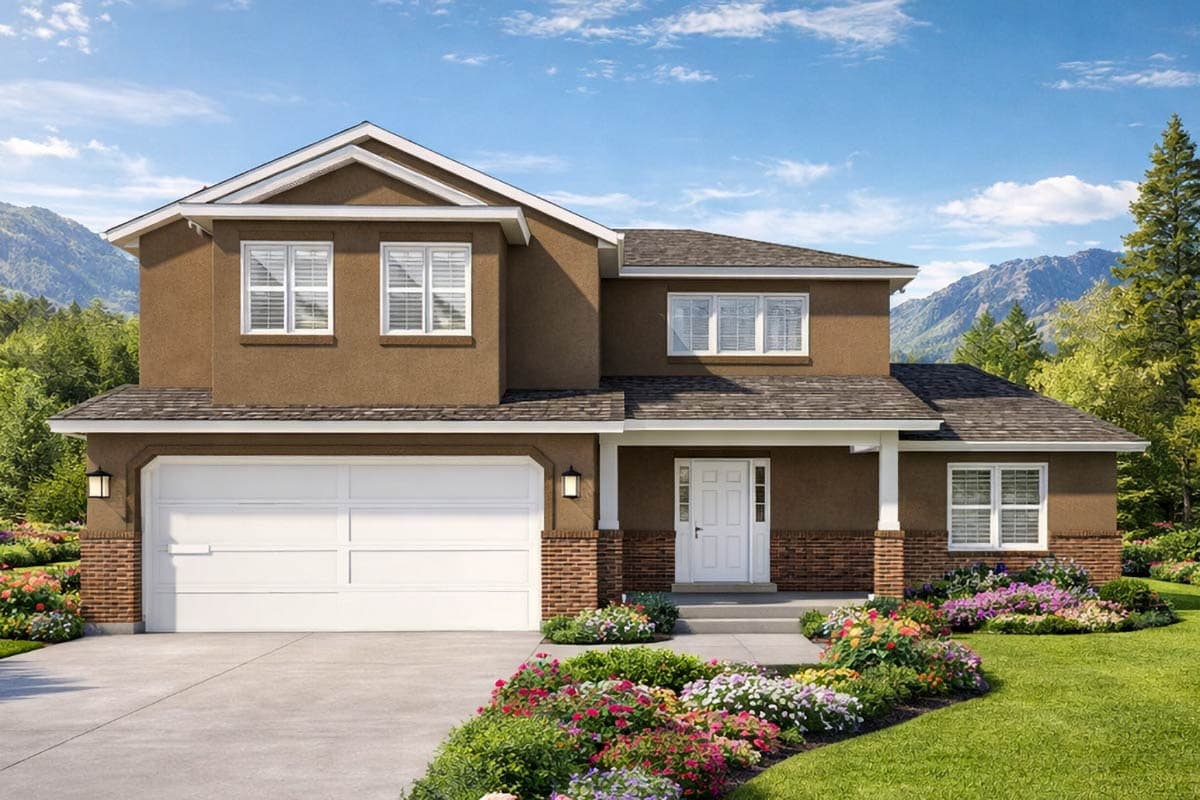 A two-story brown house with white trim, a garage, and a garden is nestled against a backdrop of mountains and a blue sky with clouds.