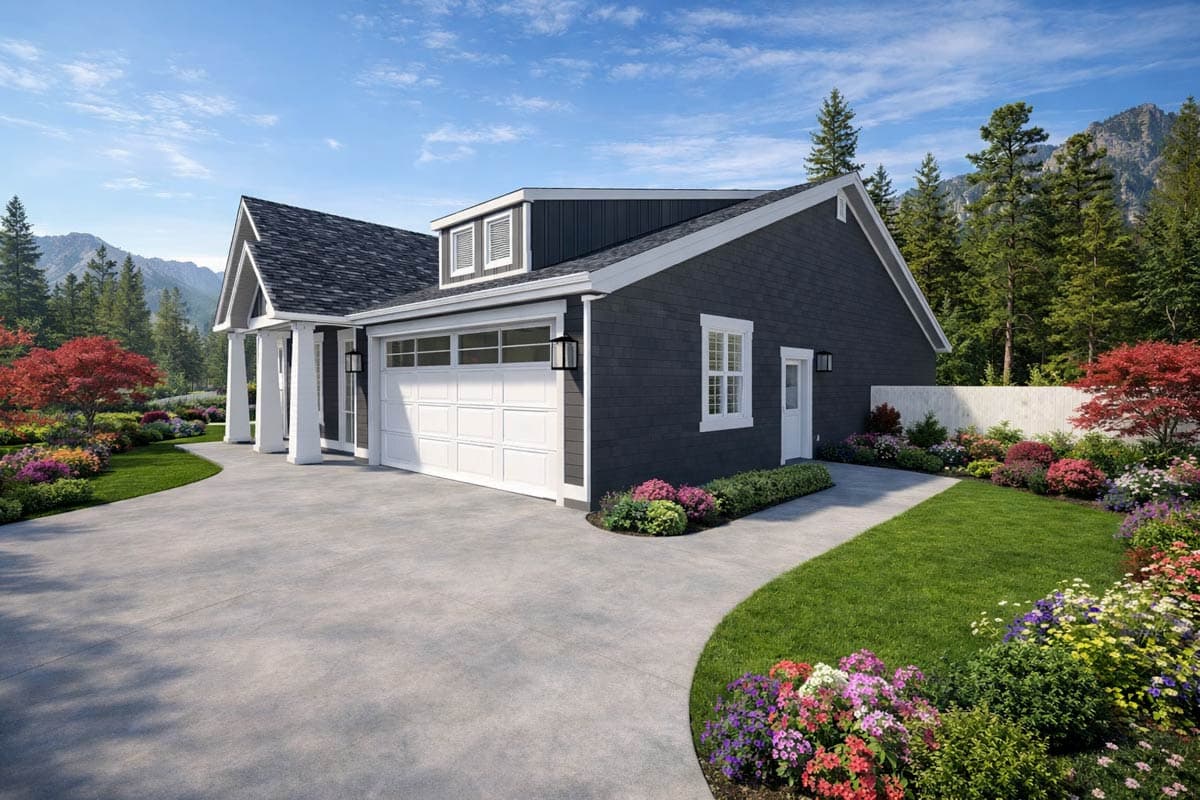 House plan exterior: Modern Farmhouse style, one-story, with attached garage, front porch with columns, and gabled dormers.