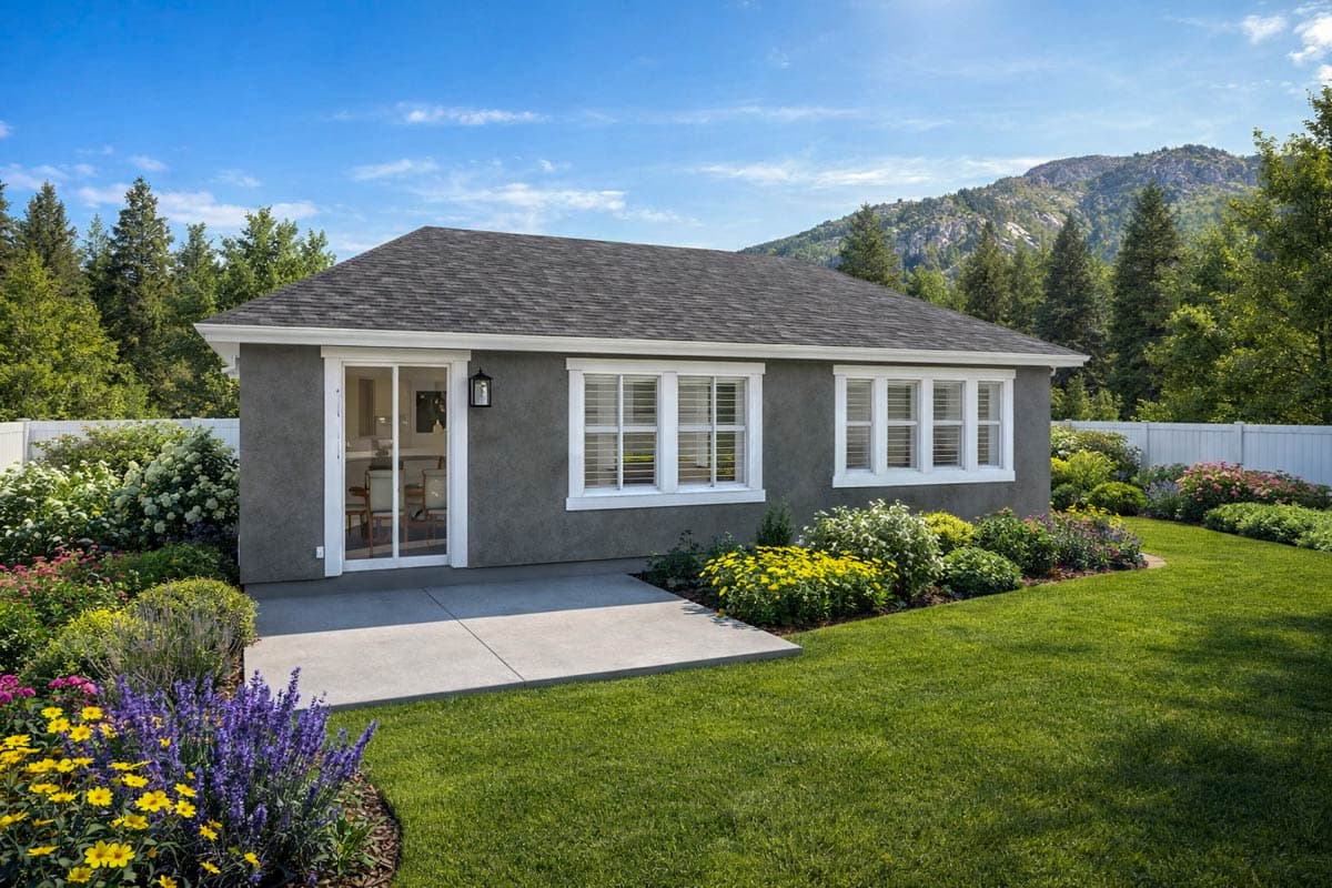 House plan exterior: single-story home with stucco finish, asphalt shingle roof, double-pane windows, and sliding glass door.