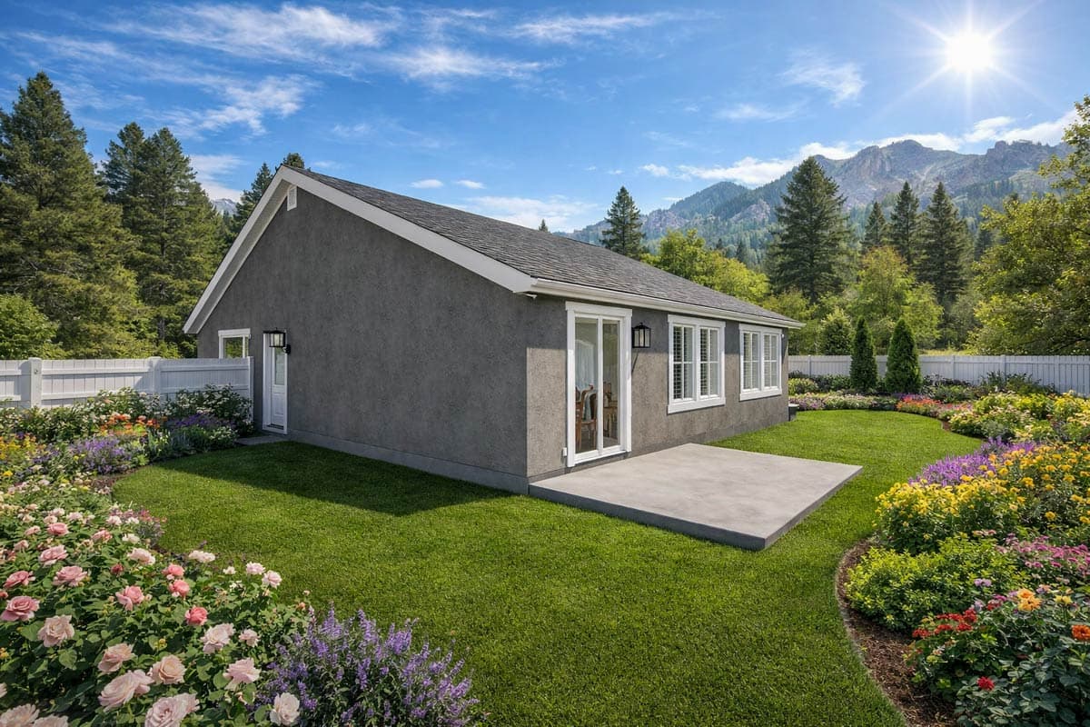 House plan exterior: One-story dwelling with gable roof, stucco finish, sliding glass door, and multiple double-hung windows.
