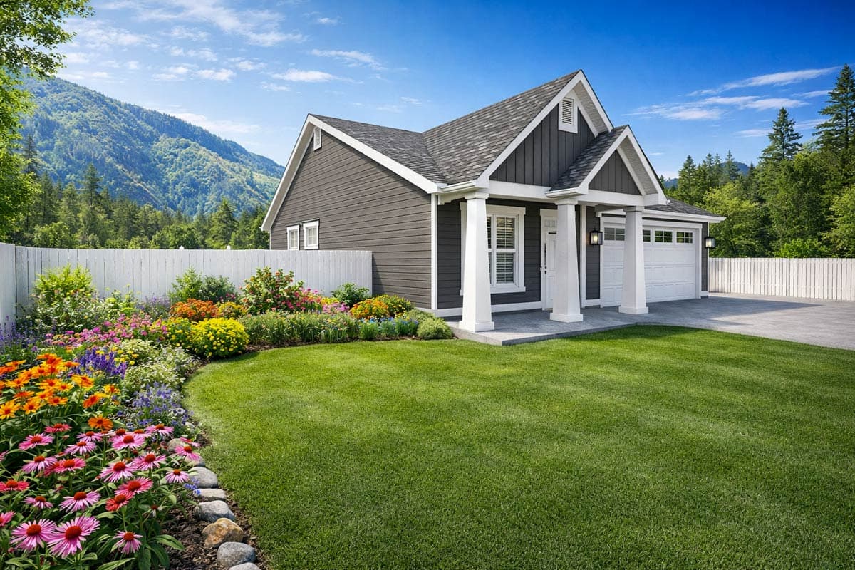 House plan exterior: Modern Farmhouse style, one-story, dark gray siding, white columns, gable roof, attached garage.