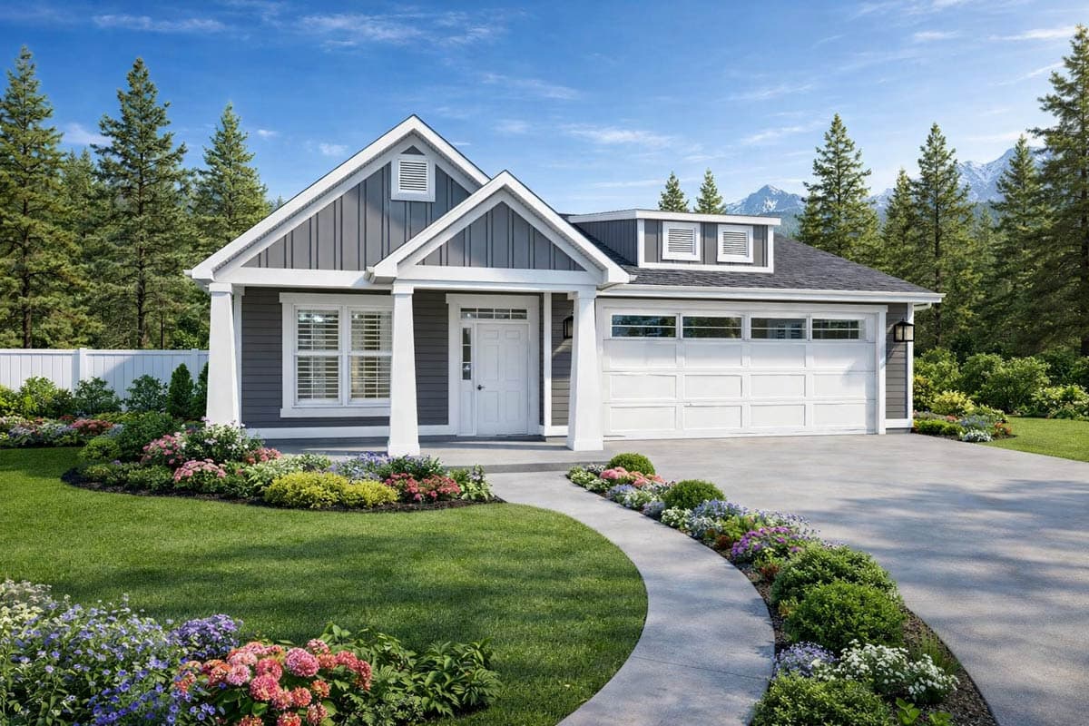 Modern Farmhouse style house plan exterior. One-story with gabled entry porch, dormer, and attached garage.