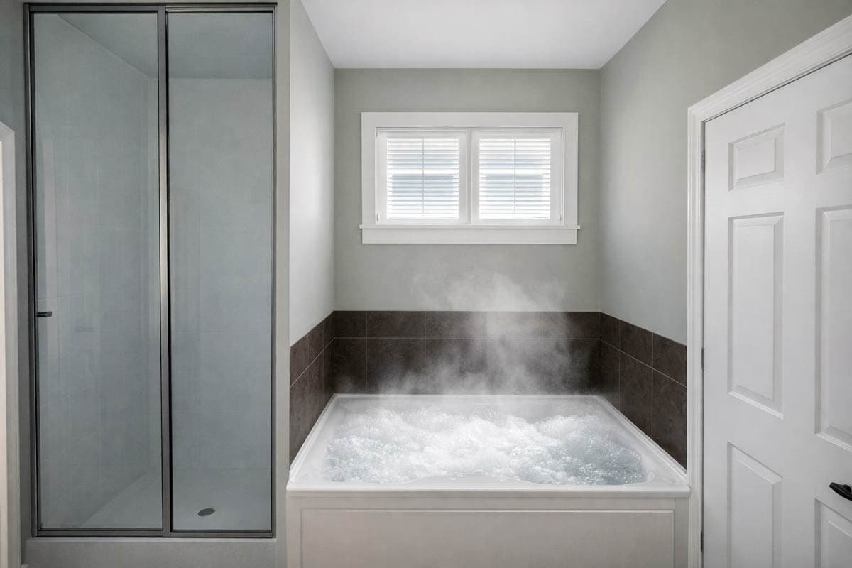 Bathroom with built-in soaking tub, glass-door shower stall, and double window.