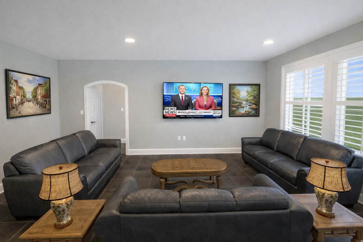 Interior view of a living room with gray walls, dark leather sofas, a central coffee table, and a wall-mounted television displaying a news broadcast.
