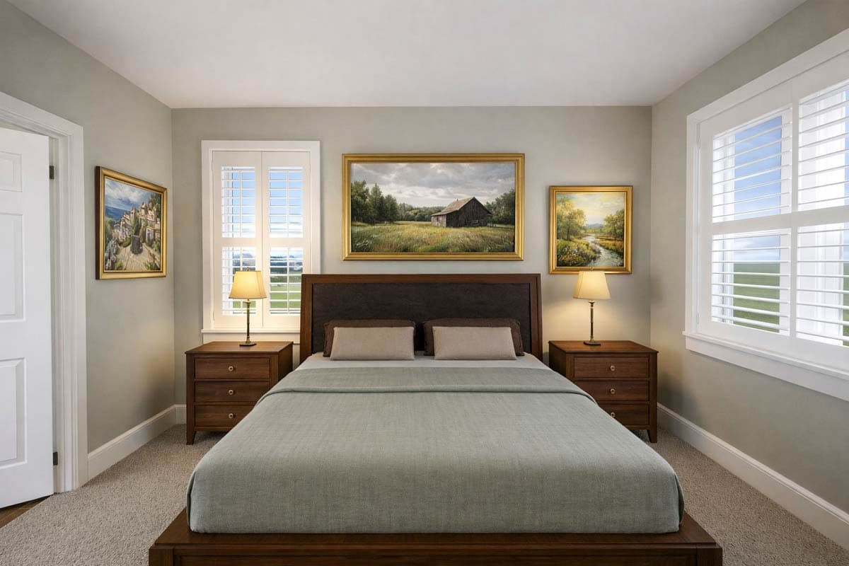 Bedroom rendering with king bed, bedside tables, plantation shutters, and landscape artwork.