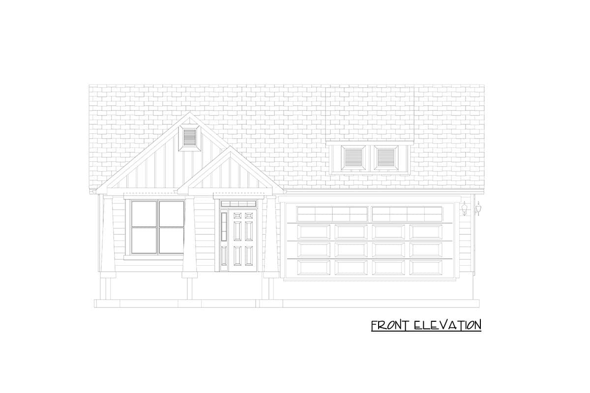 Front elevation drawing of a one-story house plan with a covered porch, gable roof, and attached garage.