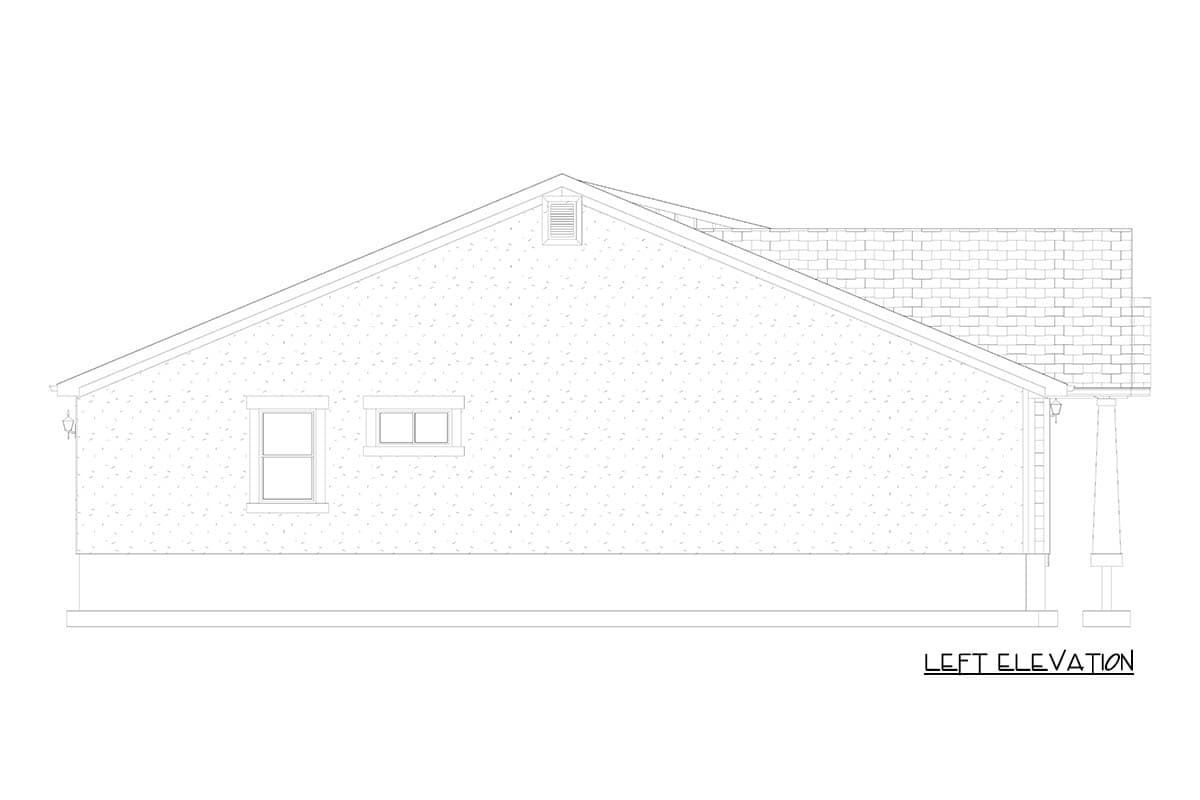 Left elevation house plan with two windows, a gable vent, and a shingled roof.