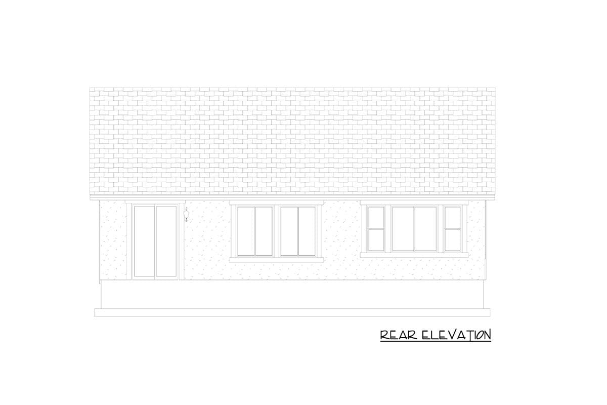 Rear elevation drawing of a house plan featuring a shingled roof, brick exterior, a single door, and three windows.
