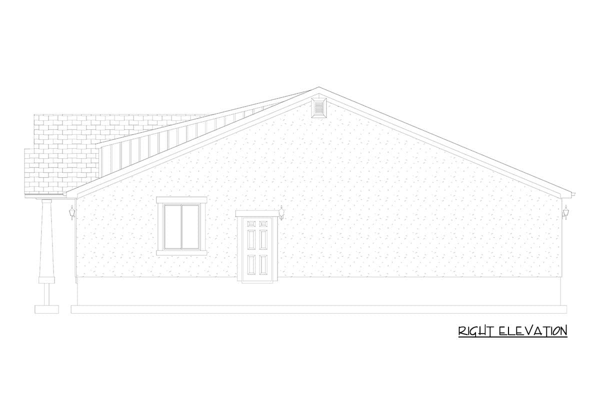 Right elevation house plan showing a single-story structure with a gable roof, one window, and a front door.