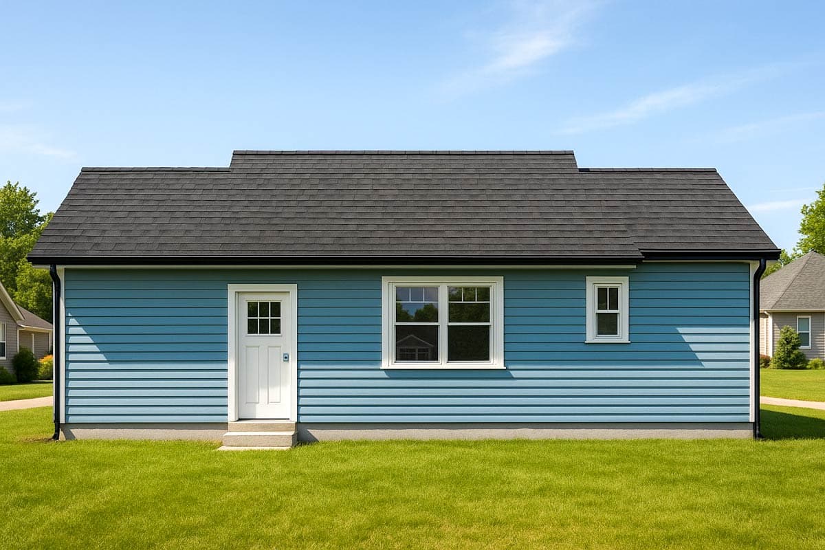 Ranch house plan exterior with blue lap siding, asphalt shingle roof, entry door, and two windows.