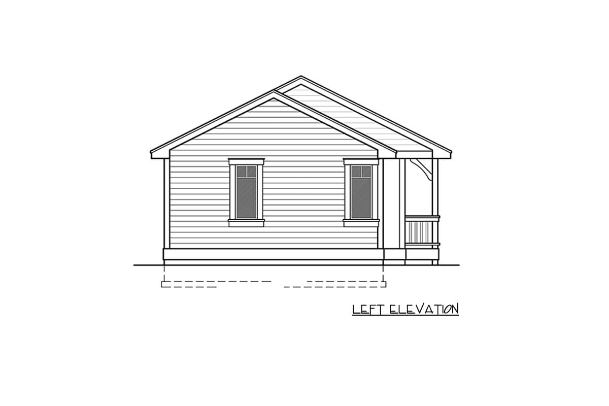 Left elevation house plan: one-story home with double-hung windows and a covered front porch with railings.