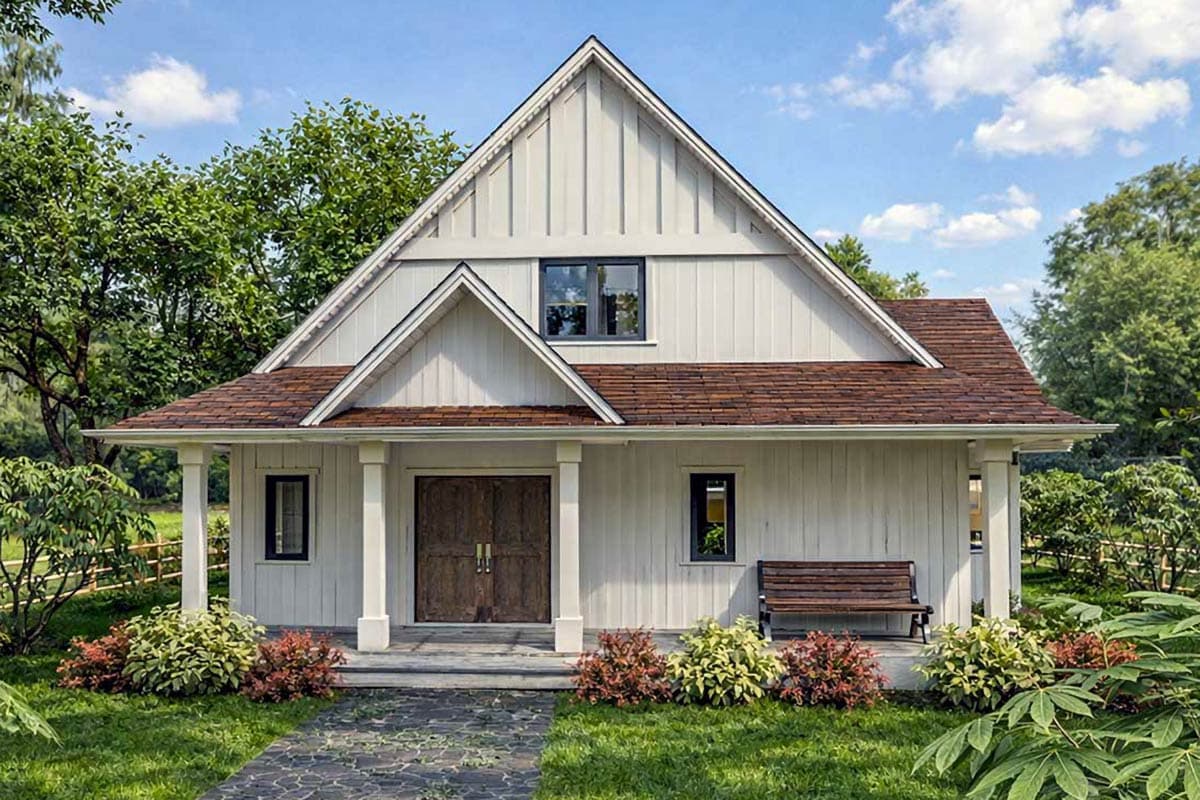 A white, gabled house with a brown shingled roof, a wooden bench, and double doors. Landscaping surrounds the house on a sunny day.