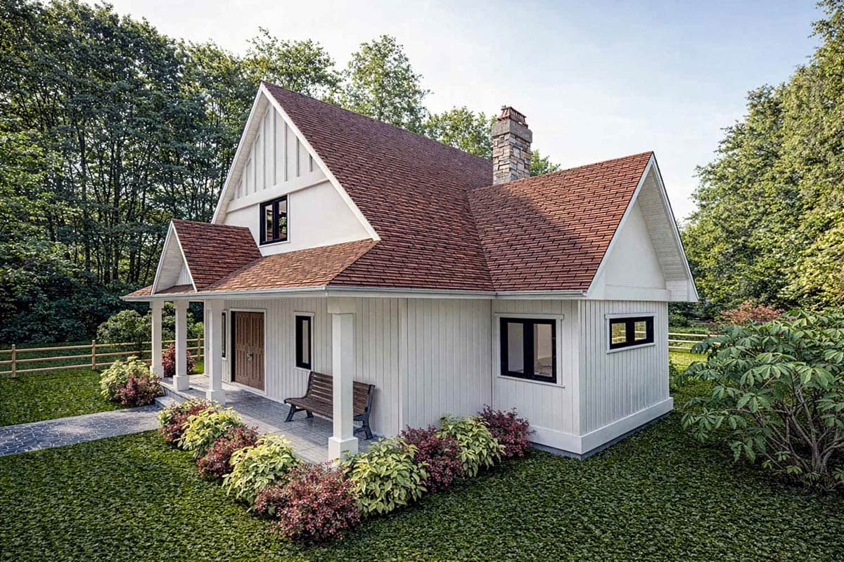 House plan exterior of a two-story Modern Farmhouse with a gabled roof, covered porch, and stone chimney.