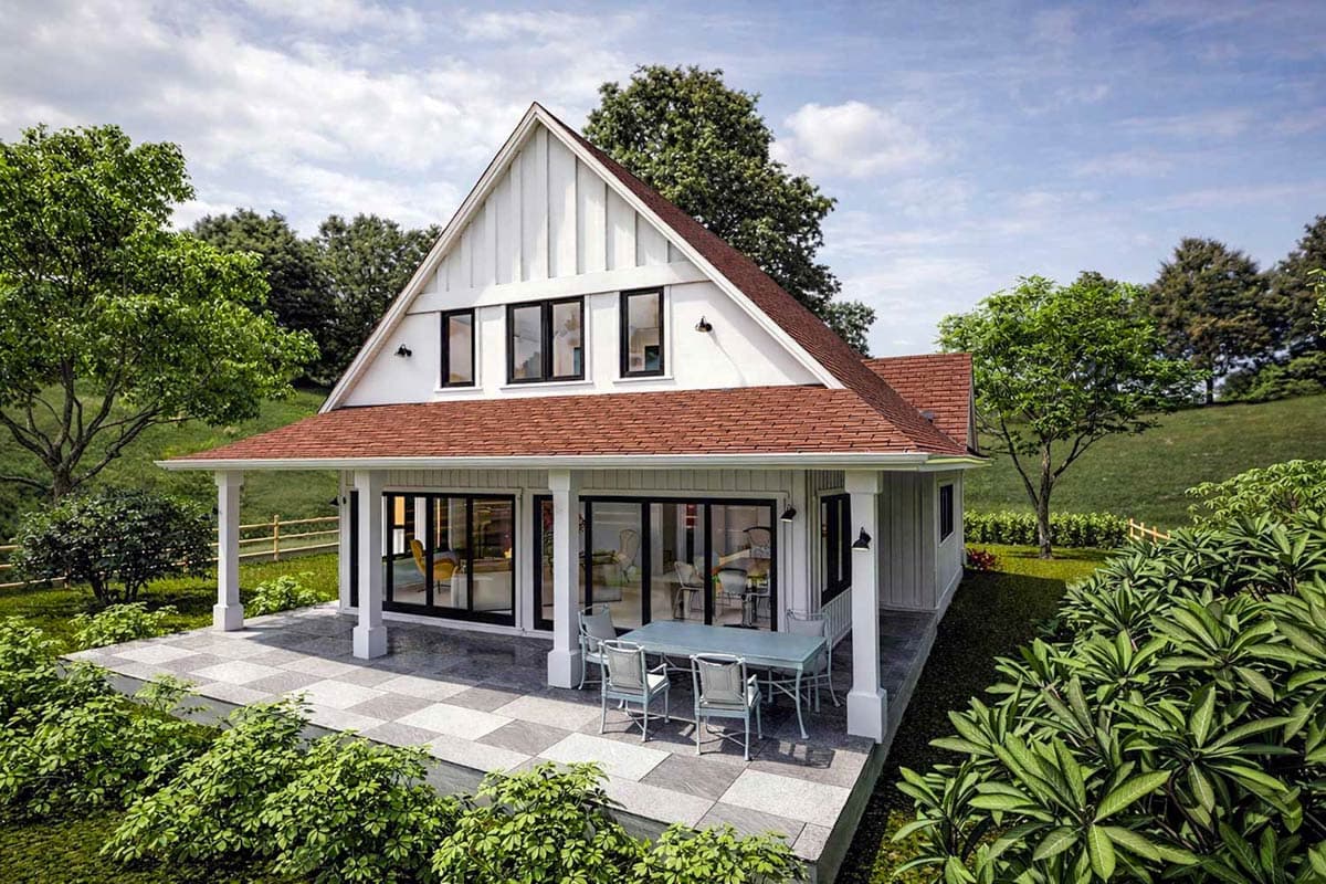 House plan exterior, Modern Farmhouse style, two stories, board and batten siding, gabled dormers, and covered patio.