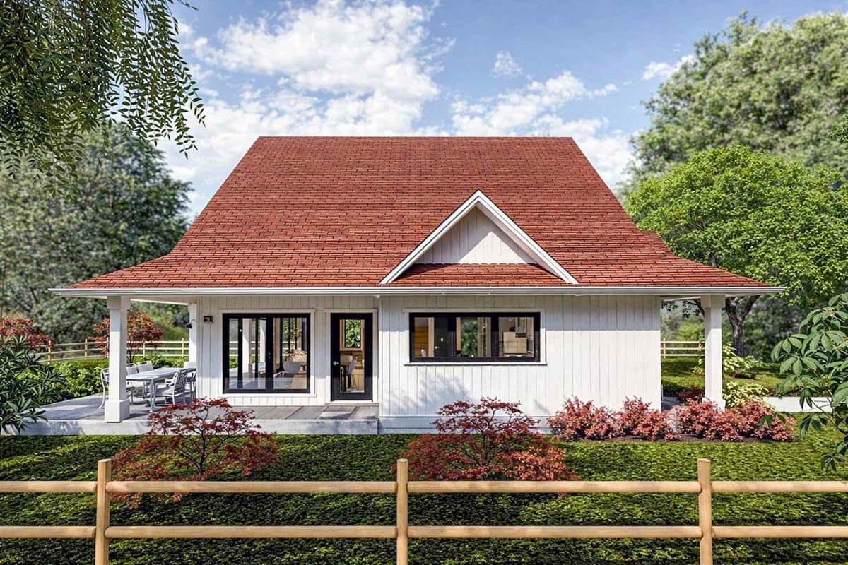 House plan exterior: Modern Farmhouse style, one story, white board and batten siding, pitched roof, covered porch with dining area.