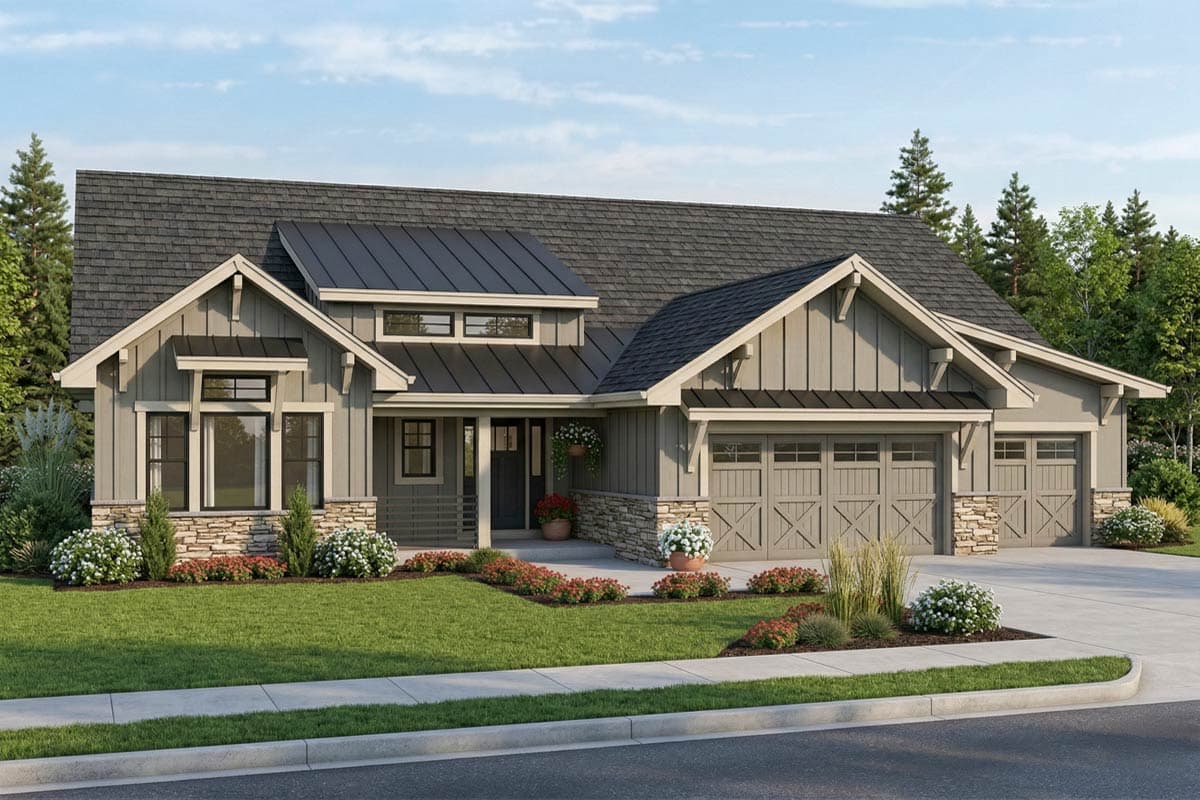 Modern Farmhouse house plan exterior with a gabled roof, dormer, and a three-car garage.