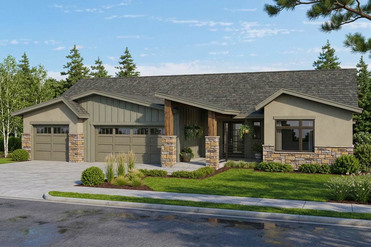 House plan exterior: one-story Modern Farmhouse with a three-car garage, stone accents, and a prominent covered entry with wood beams.