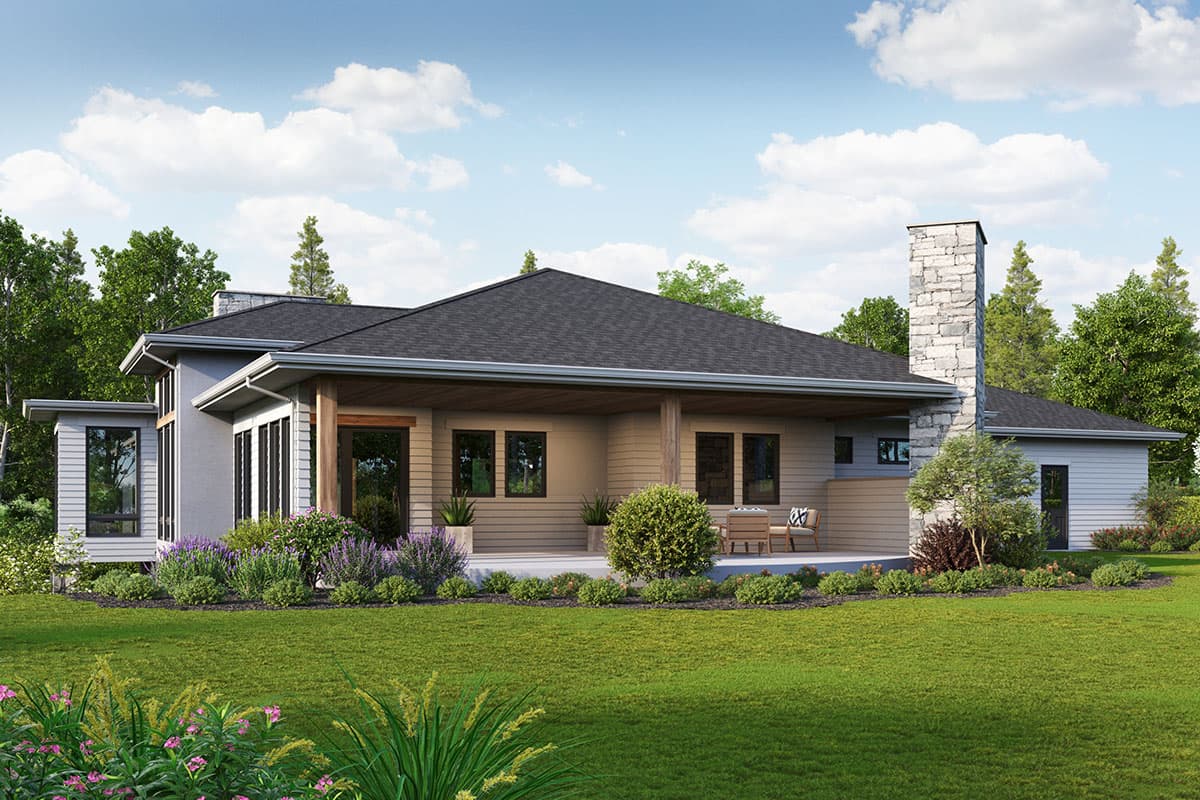 Modern single-story house plan exterior with stone chimney, covered patio, and large windows.