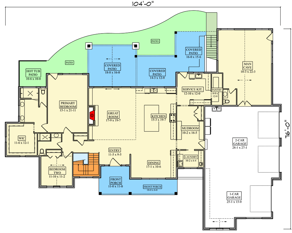 Plan 95346RW: Elegant Contemporary Mountain House Plan: Master on Main, 3-Car Garage - Floor Plan - Main Level - Contemporary, Mountain, Transitional
