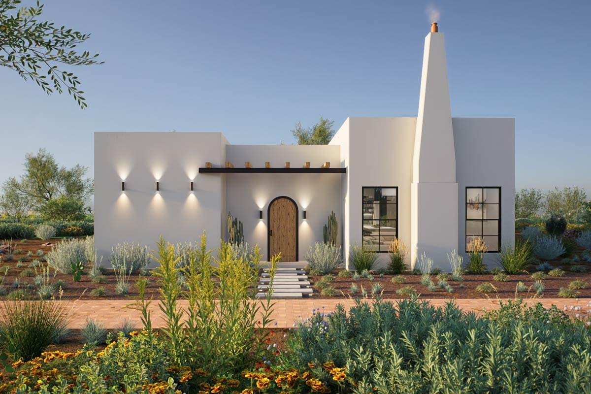 A modern, white stucco house with a wooden door is surrounded by desert landscaping. A prominent chimney rises alongside the building.