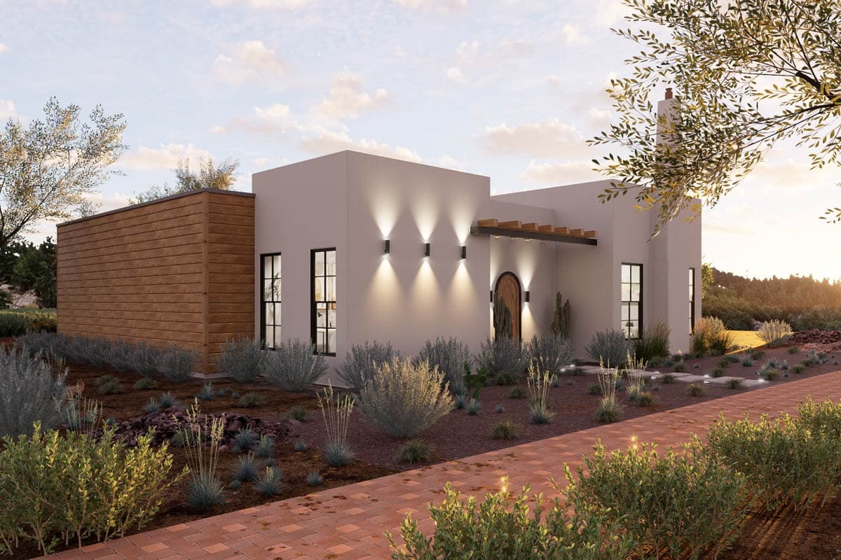 House plan exterior: Modern desert style, stucco finish, wood accent wall, multiple exterior lights, large wooden arched entry door.