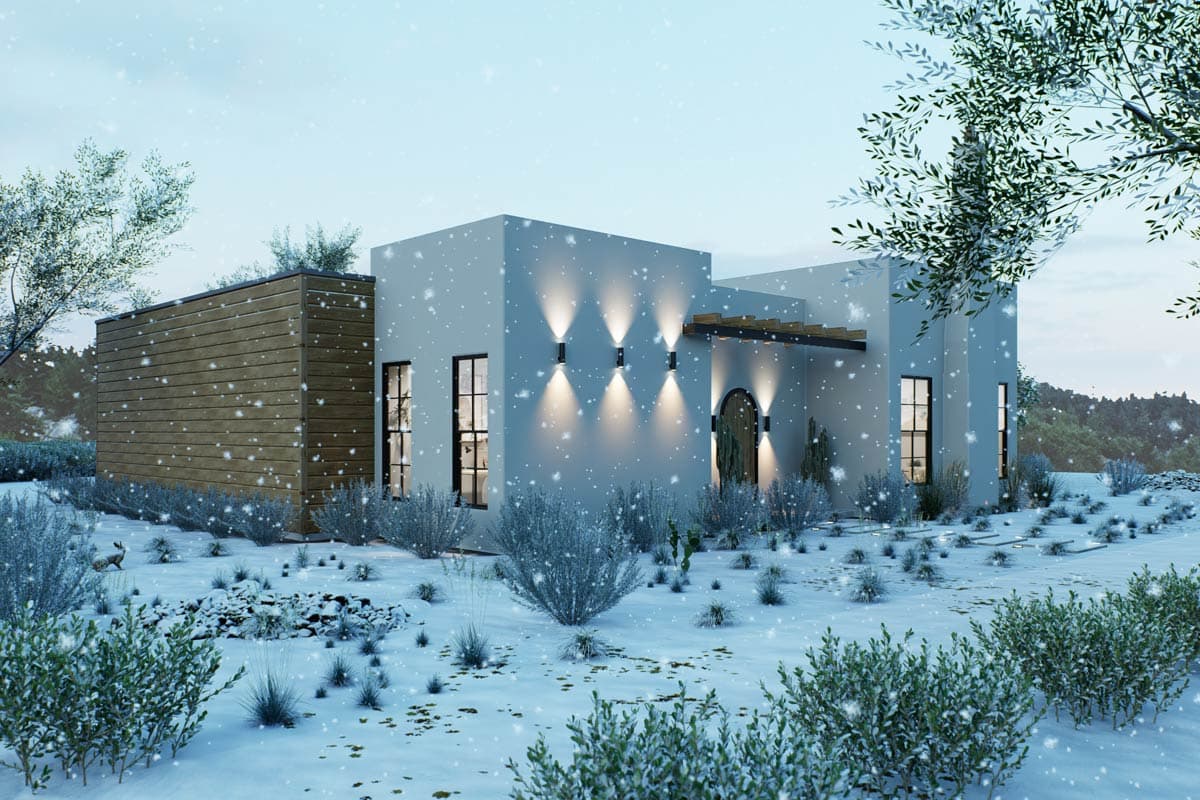Modern house plan exterior with stucco walls, wood siding accent, arced entry, and geometric lighting.