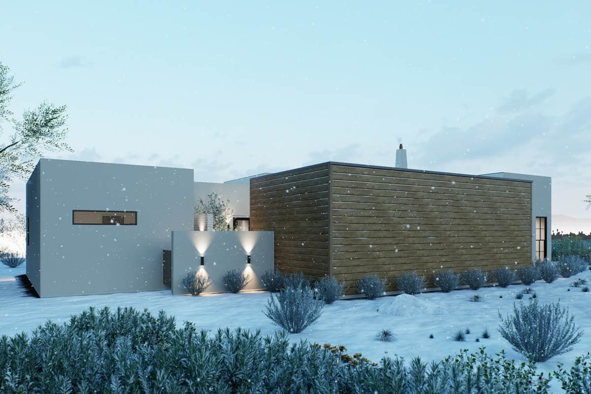 Modern house plan exterior with horizontal wood siding, flat roof, and minimalist rectangular windows.
