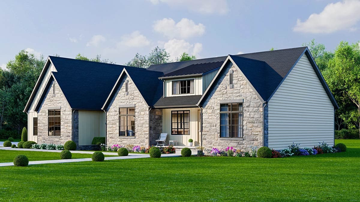 House plan exterior with stone and siding, prominent gables, and a dormer above the entry.
