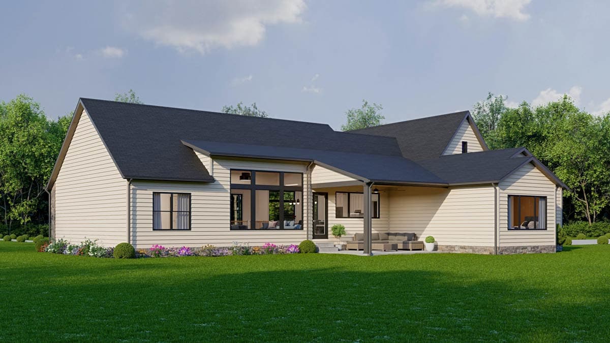 House plan exterior with a covered patio, large windows, gables, and horizontal siding.