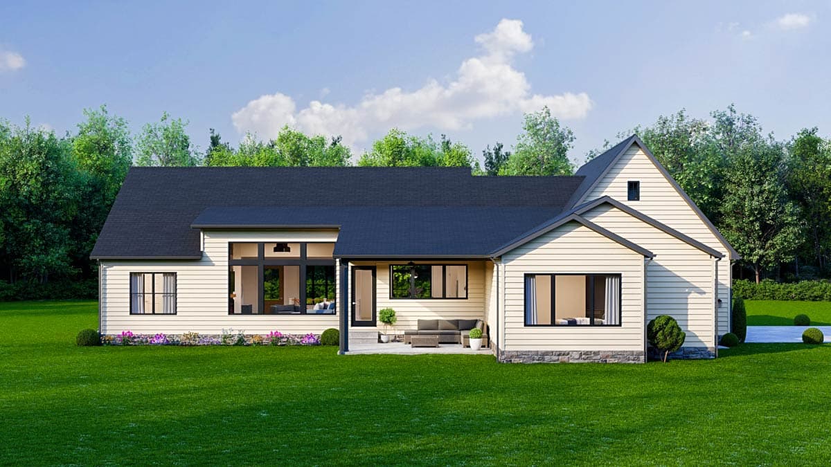 Modern Farmhouse house plan exterior with gables, large windows, covered patio, and stone foundation.