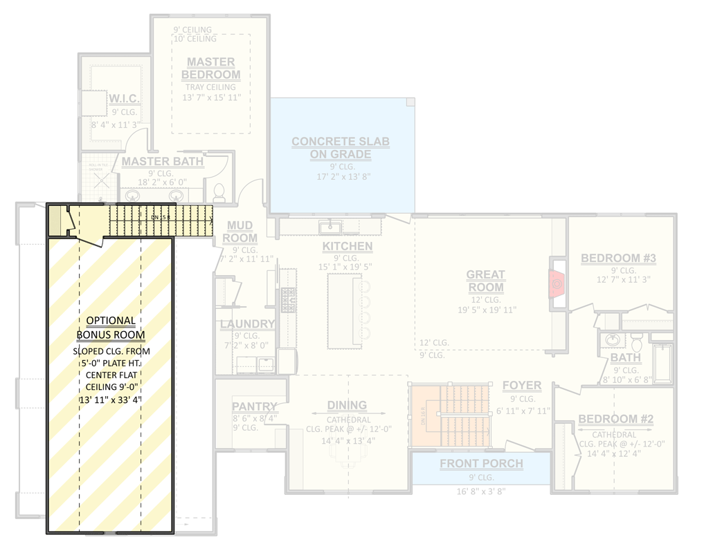 Plan 911065JVD: Transitional Farmhouse Ranch Plan with Split Bedrooms and 3-Car Garage - Floor Plan - Optional Finished Bonus Room - Cottage, Farmhouse, Ranch, Transitional