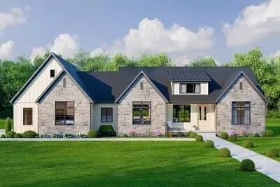 Transitional Farmhouse Ranch Plan with Split Bedrooms and 3-Car Garage