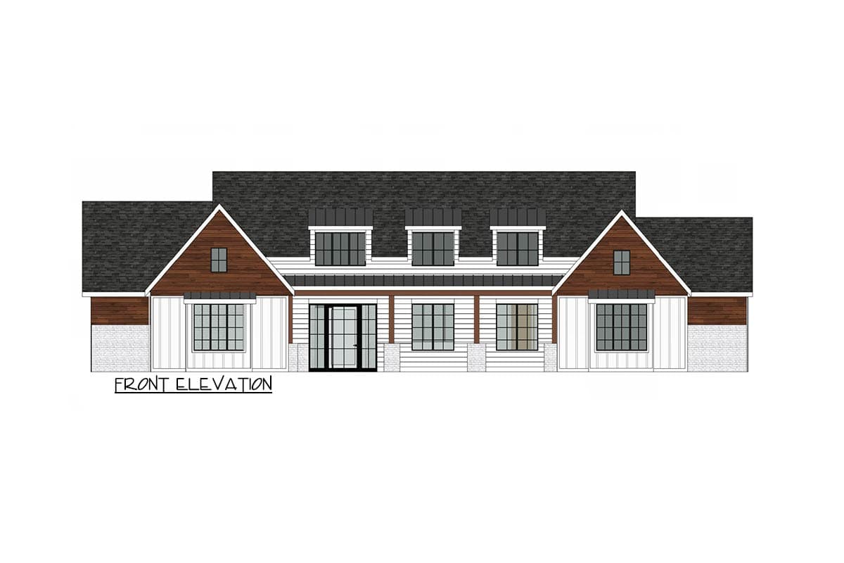 Front elevation drawing of a Modern Farmhouse style house plan with a covered porch, gables, and multiple dormers.