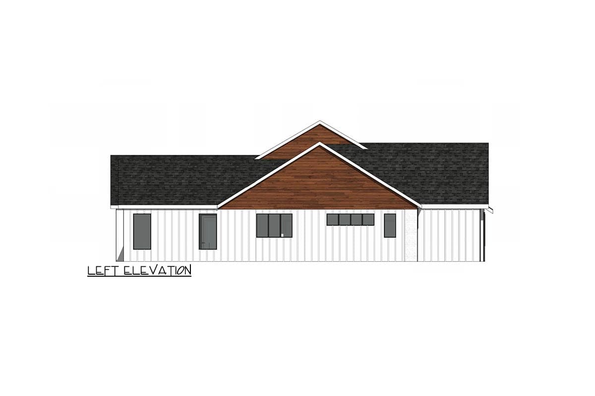 Left elevation house plan drawing with board and batten siding, wood accent gable, and multiple windows.