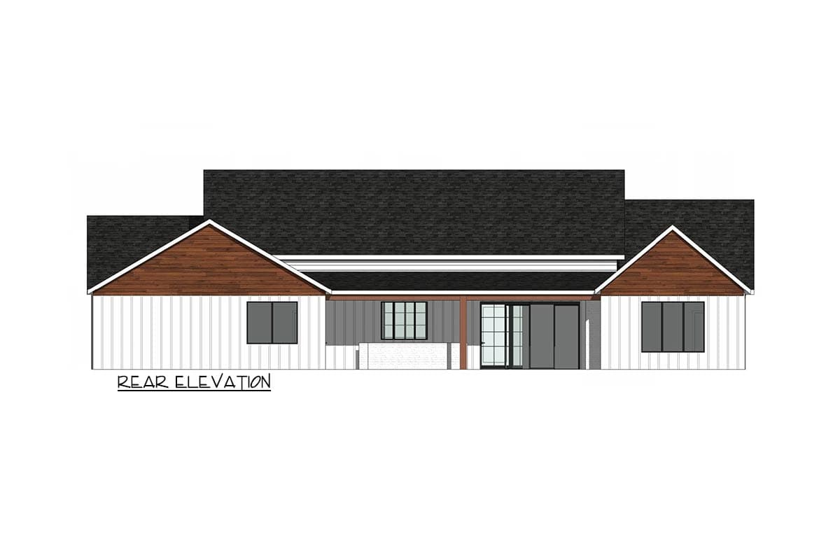 Rear elevation drawing of a single-story house plan with gabled dormers, board and batten siding, and a covered patio.