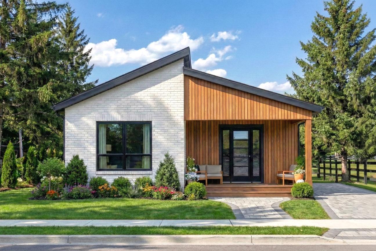 A modern, single-story home featuring a combination of white brick and wood paneling, with a black-framed window and door, surrounded by greenery.