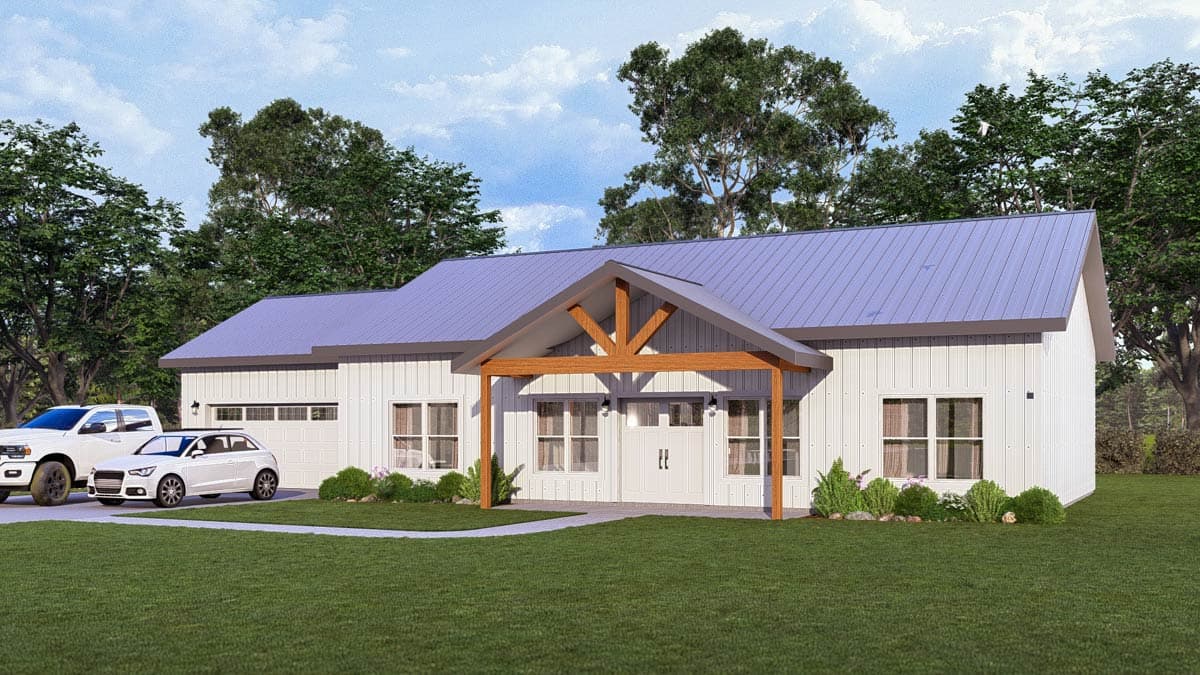 Modern Farmhouse house plan exterior, one story, white board-and-batten siding, metal roof, wood-accented covered entry, double garage.