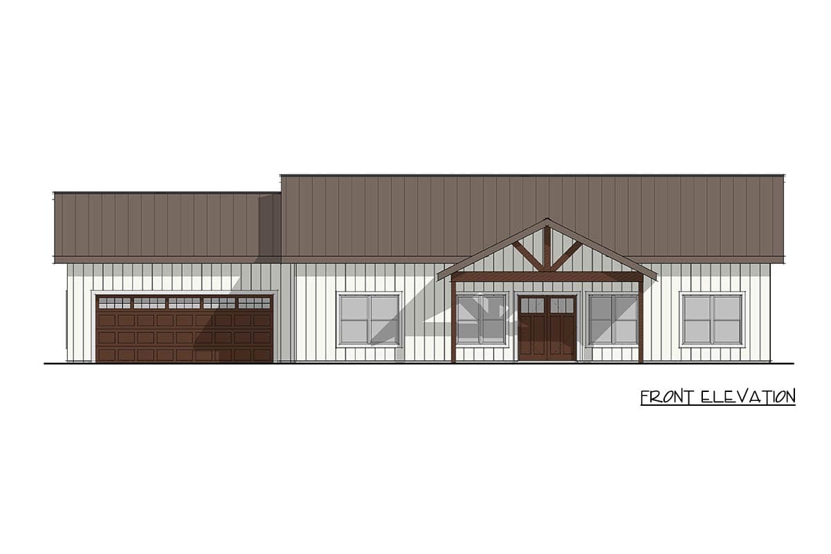 Front elevation drawing of a one-story house plan featuring a gabled entryway with exposed beams, a two-car garage, and vertical siding.