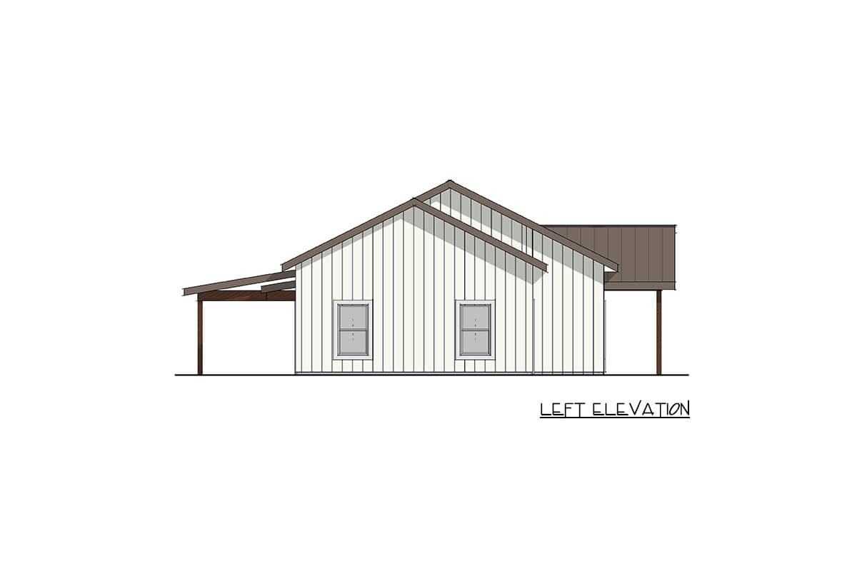 House plan left elevation showing a single-story building with vertical siding, two windows, and a covered porch.