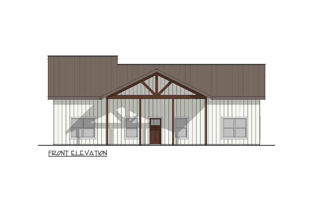 Front elevation drawing of a one-story house with a covered front porch, gabled roof, vertical siding, and multiple windows.