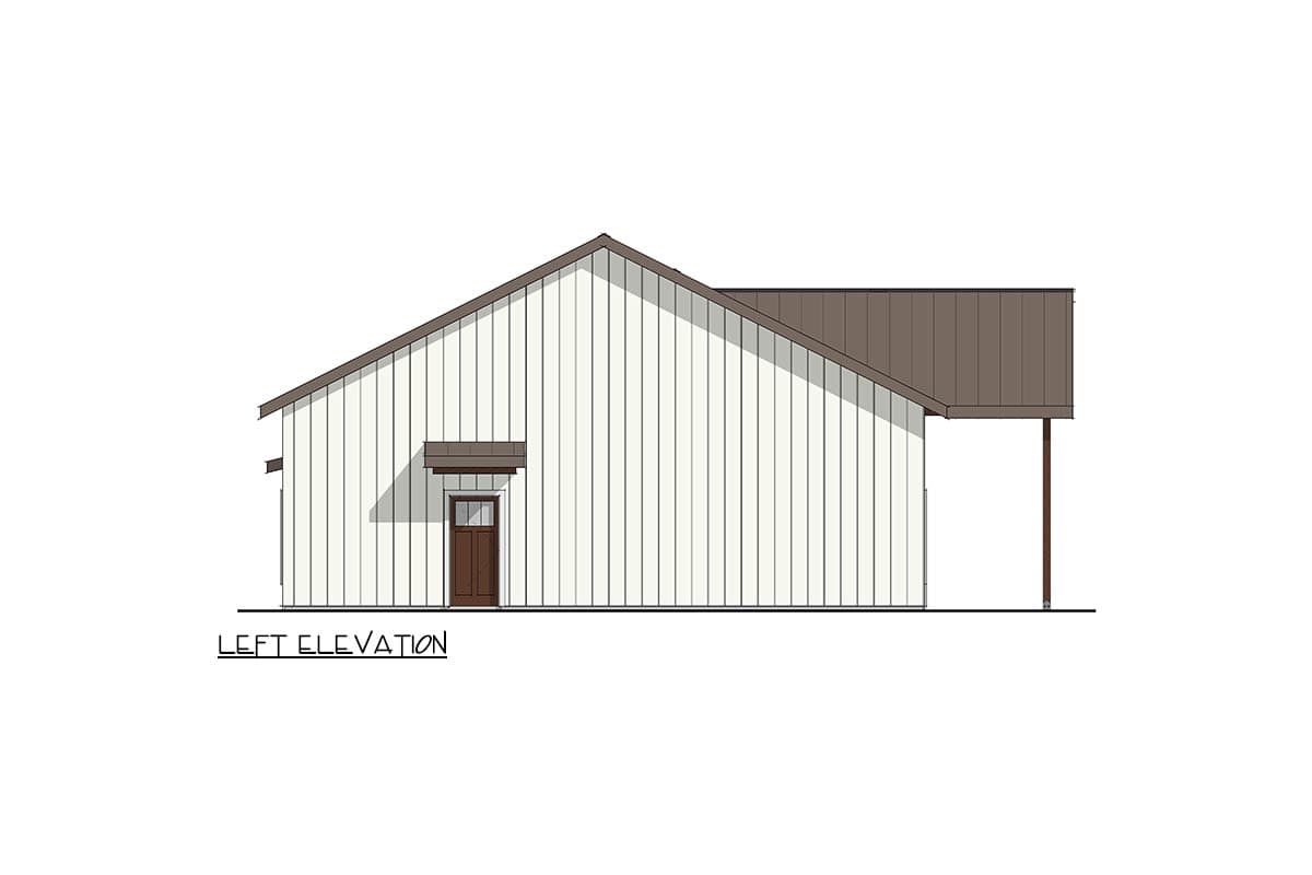 Left elevation house plan showing vertical siding, a gable roof, and a single door with a pitched awning.