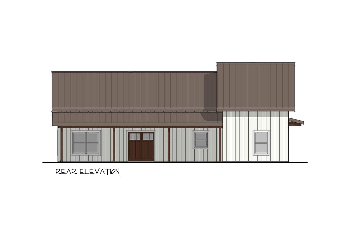Rear elevation drawing of a house plan with a metal roof, covered porch, double door entry, and board and batten siding.