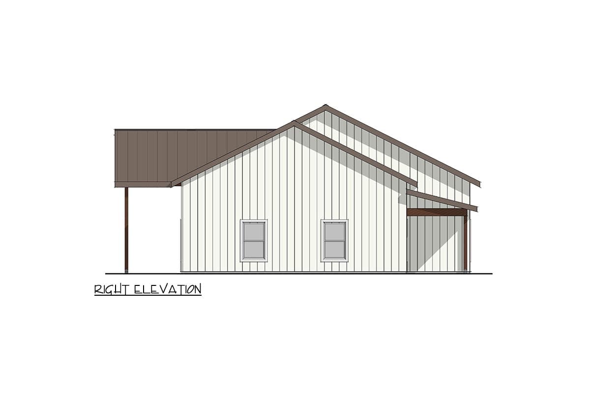Right elevation house plan with vertical siding, gable roof, two windows, and covered porch.