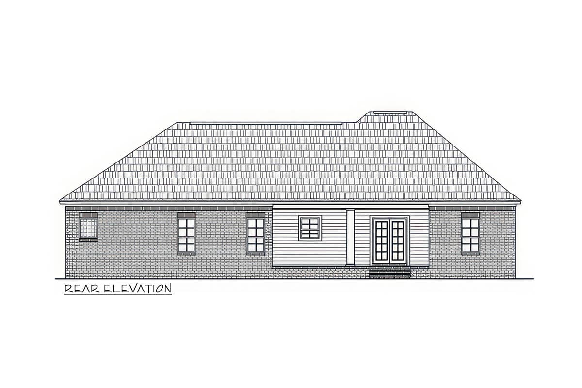 Rear elevation drawing of a house plan showing brick and siding with double doors and multiple windows.