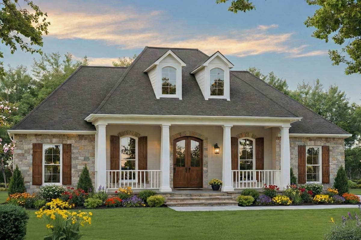 A stately two-story home with a stone facade, white columns, and a welcoming front porch, surrounded by lush landscaping and a green lawn.