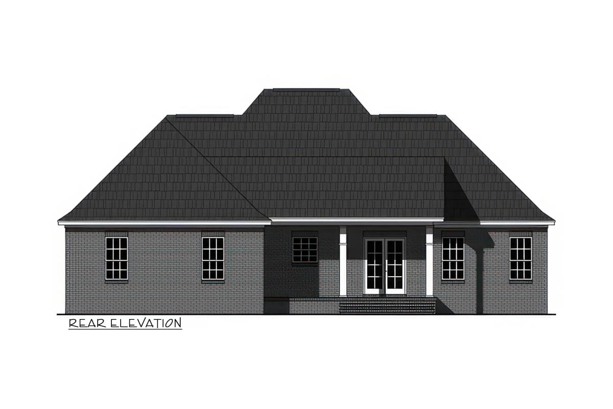 Rear elevation drawing of a one-story house with a brick exterior, hip roof, and covered porch with double doors.