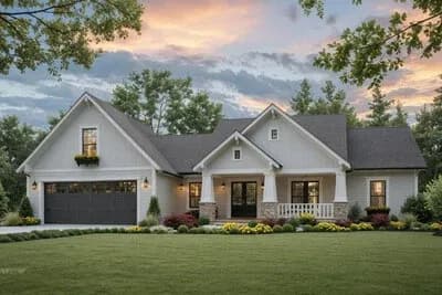 Modern Farmhouse House Plan Featuring Three Bedrooms and Two-Car Garage