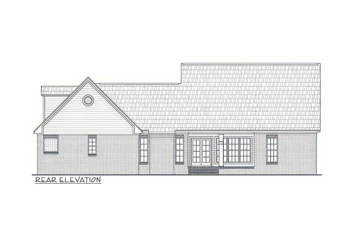 Rear elevation drawing of a house plan featuring a prominent gable with a circular vent, brickwork, double doors, and varied window arrangements.